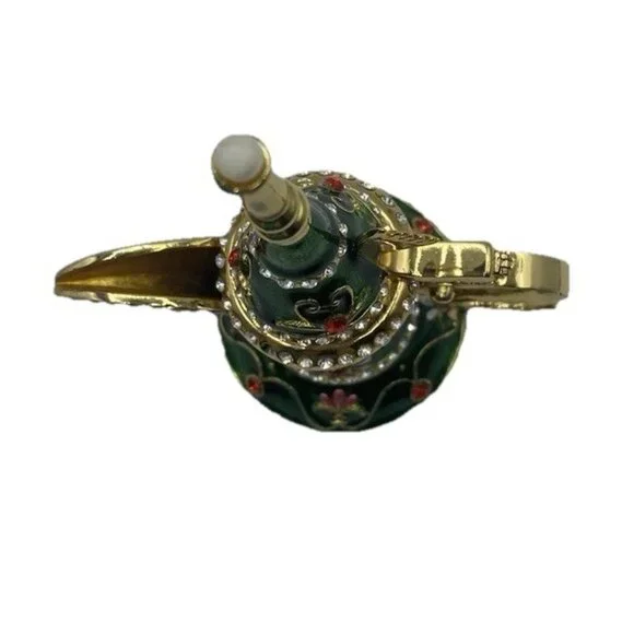 Signed Qifu Green Enamel Jeweled Arabian Nights Trinket  Stash Ring Vanity Box - Picture 5 of 12